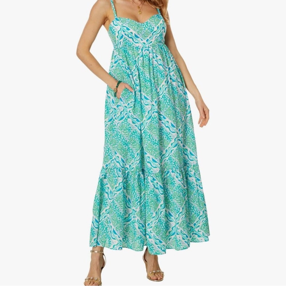 New Lilly Pulitzer Hiedi Cotton Maxi Dress in Prism Blue Good Greef Engineered